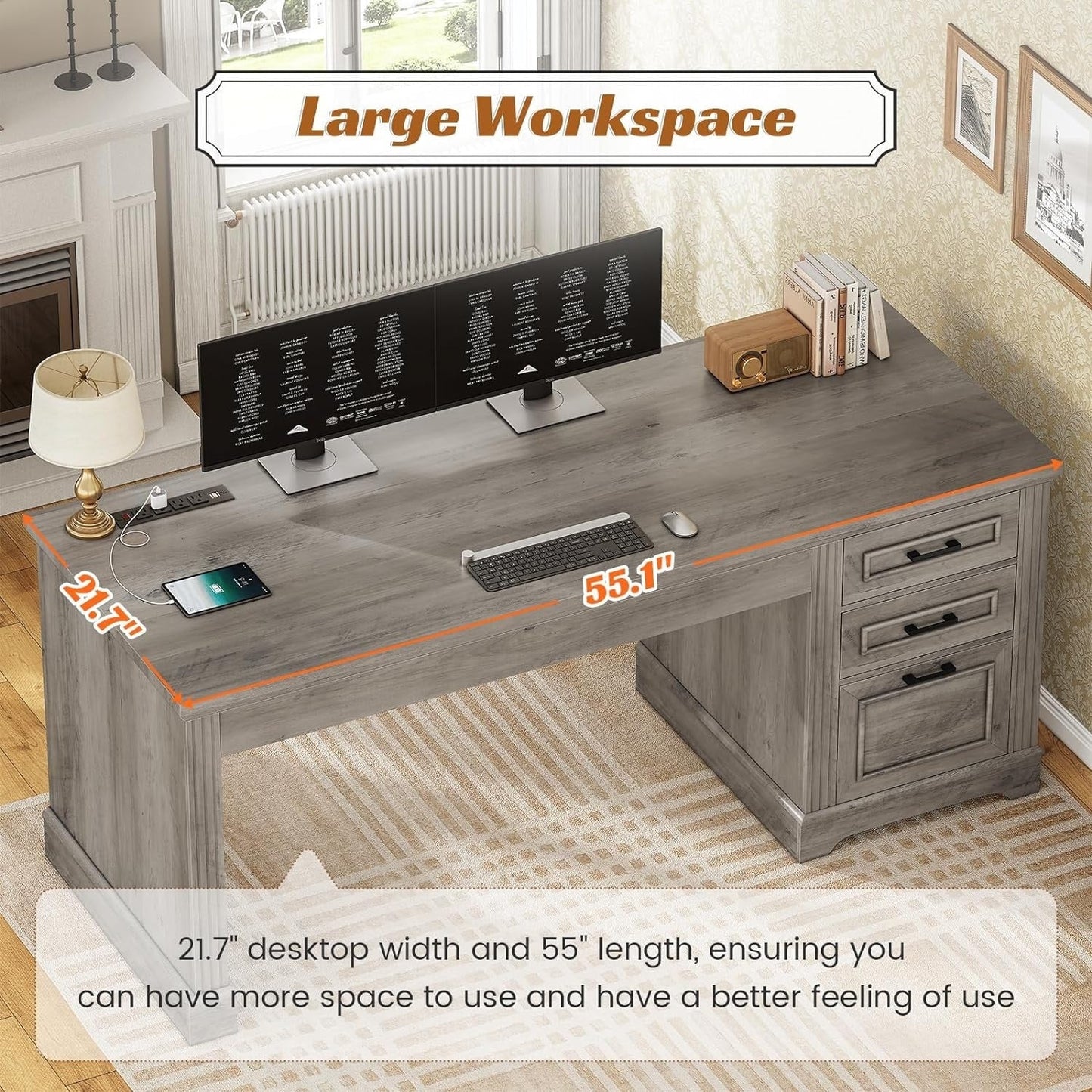 Bureau de direction style farmhouse, bureau de travail à domicile, bureau avec tiroir à dossiers, support de moniteur, prise de courant.