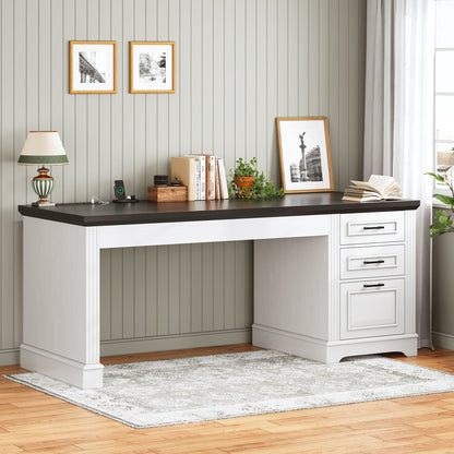 Bureau de direction style farmhouse, bureau de travail à domicile, bureau avec tiroir à dossiers, support de moniteur, prise de courant.