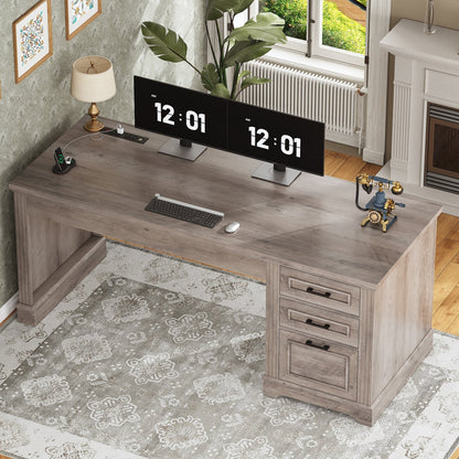 Bureau de direction style farmhouse, bureau de travail à domicile, bureau avec tiroir à dossiers, support de moniteur, prise de courant.