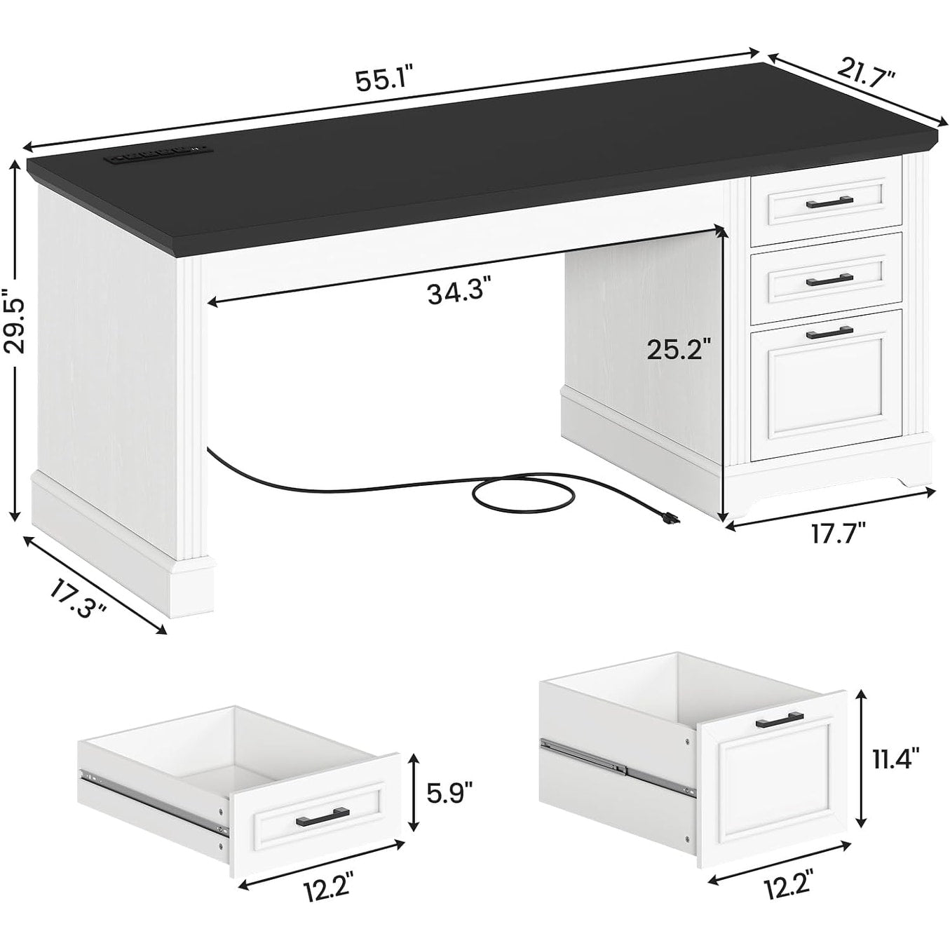 Bureau de direction style farmhouse, bureau de travail à domicile, bureau avec tiroir à dossiers, support de moniteur, prise de courant.