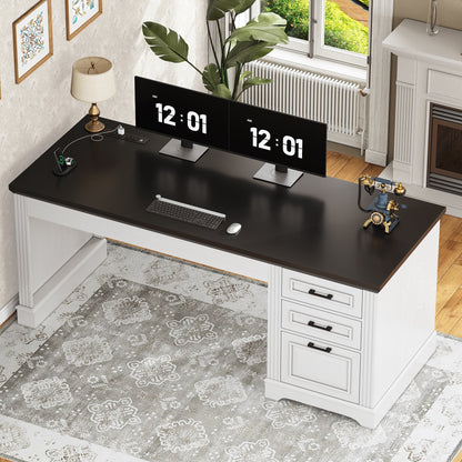 Bureau de direction style farmhouse, bureau de travail à domicile, bureau avec tiroir à dossiers, support de moniteur, prise de courant.
