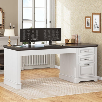 Bureau de direction style farmhouse, bureau de travail à domicile, bureau avec tiroir à dossiers, support de moniteur, prise de courant.