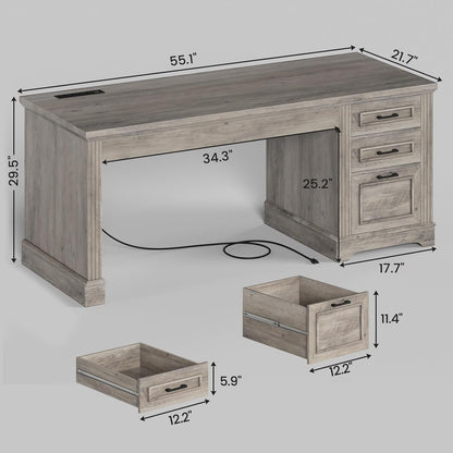 Bureau de direction style farmhouse, bureau de travail à domicile, bureau avec tiroir à dossiers, support de moniteur, prise de courant.