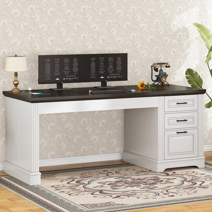 Bureau de direction style farmhouse, bureau de travail à domicile, bureau avec tiroir à dossiers, support de moniteur, prise de courant.
