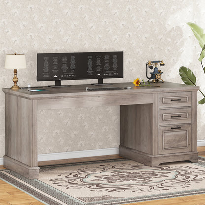 Bureau de direction style farmhouse, bureau de travail à domicile, bureau avec tiroir à dossiers, support de moniteur, prise de courant.