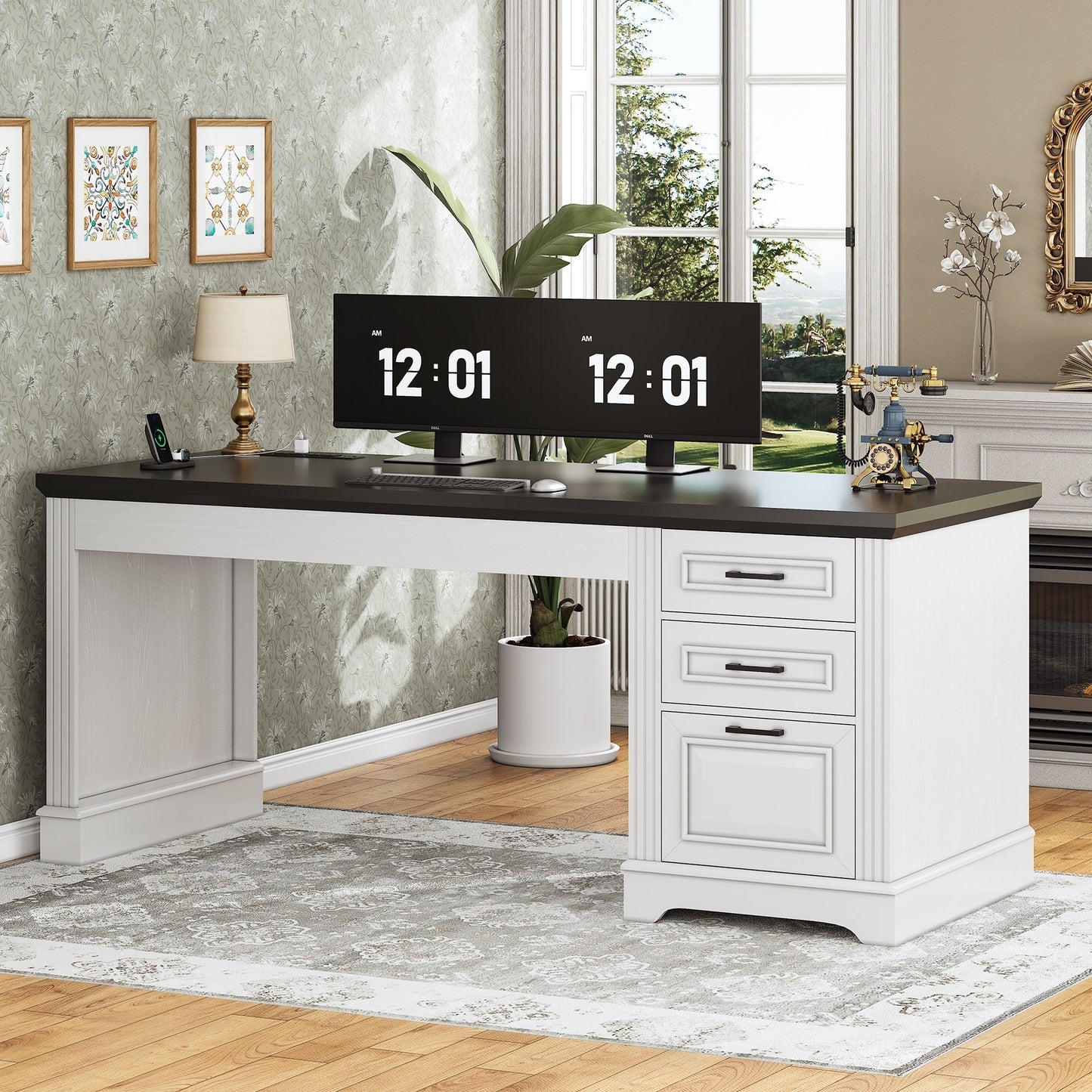 Bureau de direction style farmhouse, bureau de travail à domicile, bureau avec tiroir à dossiers, support de moniteur, prise de courant.
