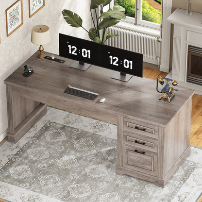 Bureau de direction style farmhouse, bureau de travail à domicile, bureau avec tiroir à dossiers, support de moniteur, prise de courant.