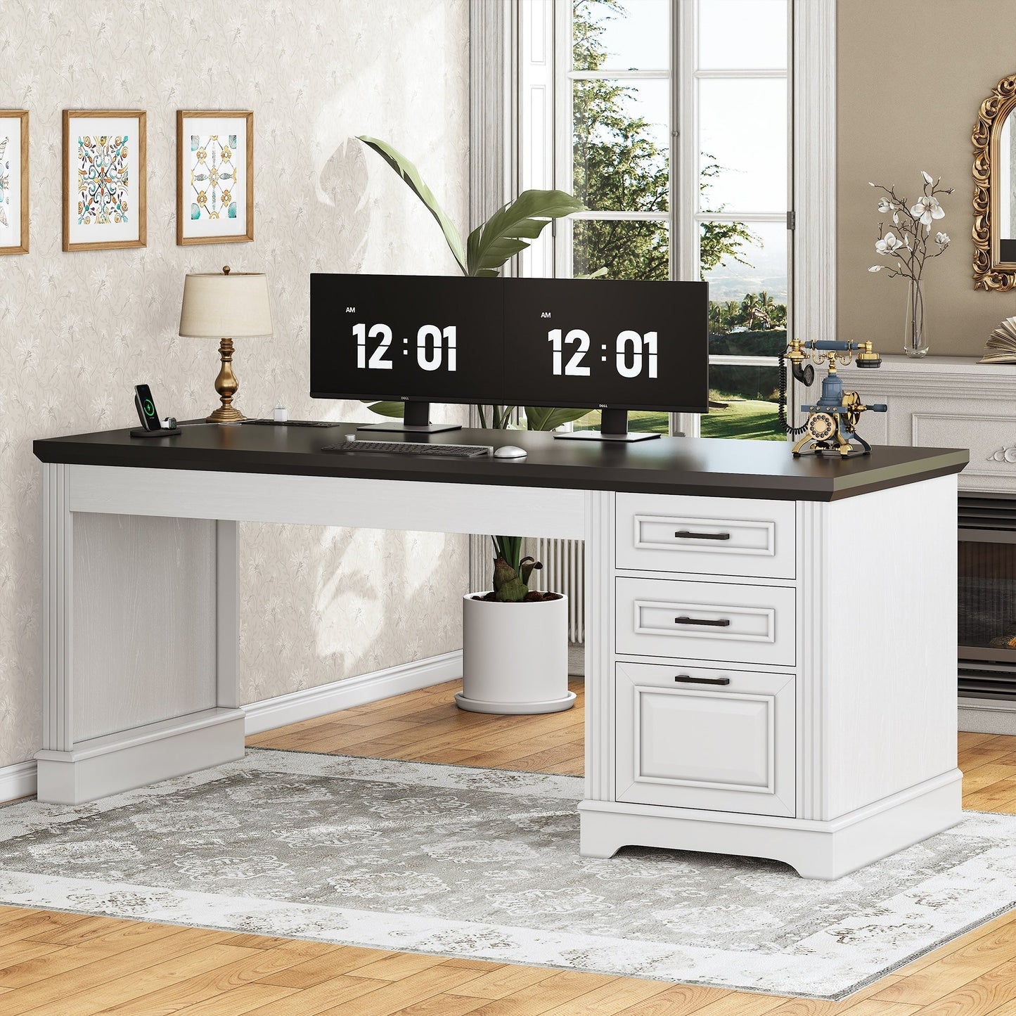 Bureau de direction style farmhouse, bureau de travail à domicile, bureau avec tiroir à dossiers, support de moniteur, prise de courant.