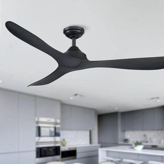 Ventilateur de plafond à 56 pouces, moderne, noir, à 3 pales, avec moteur à courant continu et télécommande.