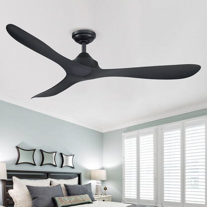 Ventilateur de plafond à 56 pouces, moderne, noir, à 3 pales, avec moteur à courant continu et télécommande.