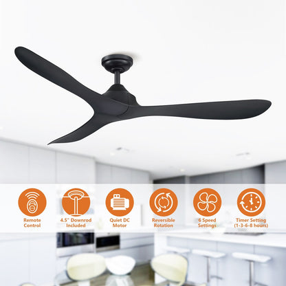 Ventilateur de plafond à 56 pouces, moderne, noir, à 3 pales, avec moteur à courant continu et télécommande.