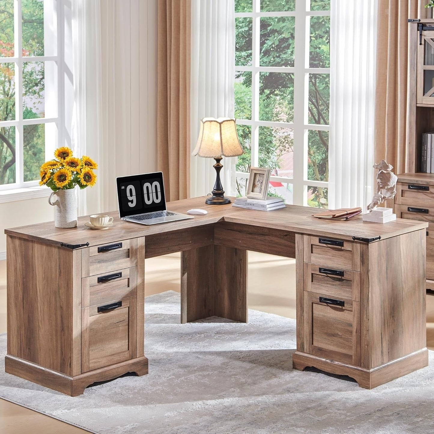 Bureau de direction en forme de L de style farmhouse, 60 pouces, bureau d'angle en bois, bureau d'ordinateur