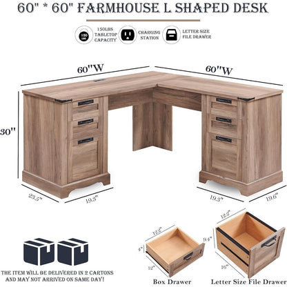 Bureau de direction en forme de L de style farmhouse, 60 pouces, bureau d'angle en bois, bureau d'ordinateur