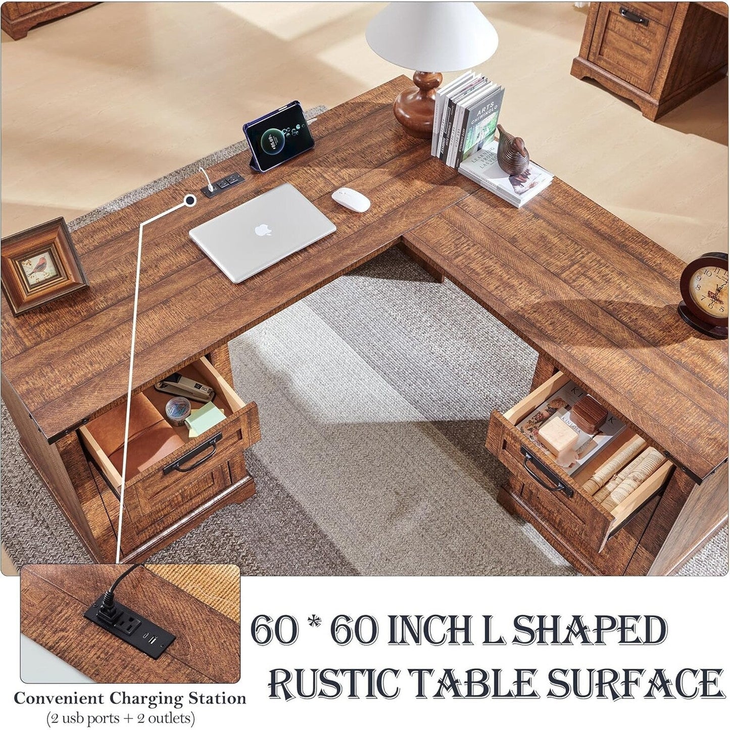 Bureau de direction en forme de L de style farmhouse, 60 pouces, bureau d'angle en bois, bureau d'ordinateur