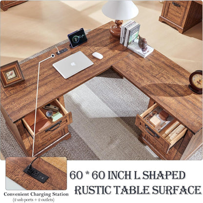 Bureau de direction en forme de L de style farmhouse, 60 pouces, bureau d'angle en bois, bureau d'ordinateur