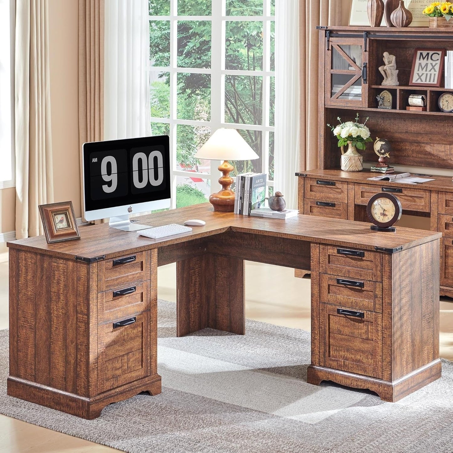 Bureau de direction en forme de L de style farmhouse, 60 pouces, bureau d'angle en bois, bureau d'ordinateur