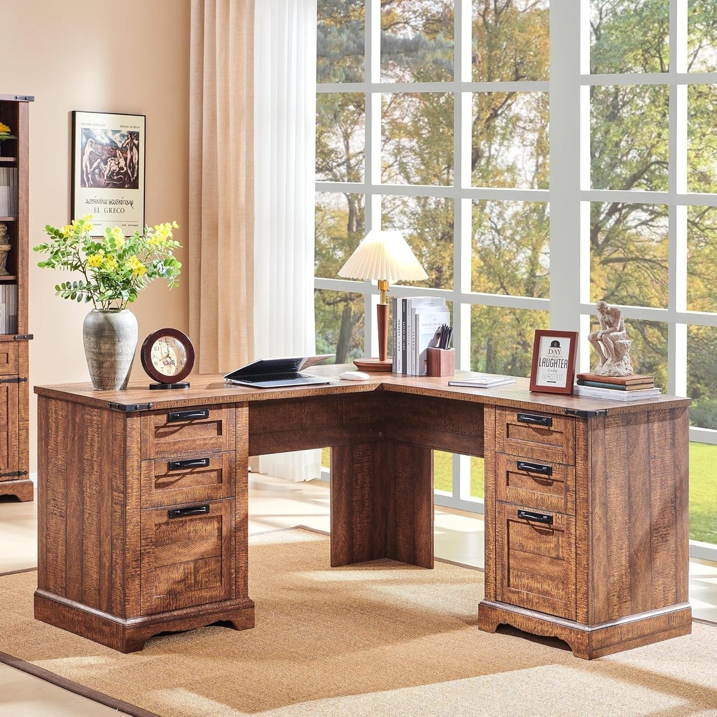 Bureau de direction en forme de L de style farmhouse, 60 pouces, bureau d'angle en bois, bureau d'ordinateur