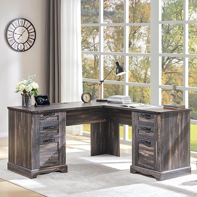 Bureau de direction en forme de L de style farmhouse, 60 pouces, bureau d'angle en bois, bureau d'ordinateur