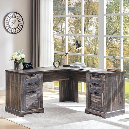 Bureau de direction en forme de L de style farmhouse, 60 pouces, bureau d'angle en bois, bureau d'ordinateur