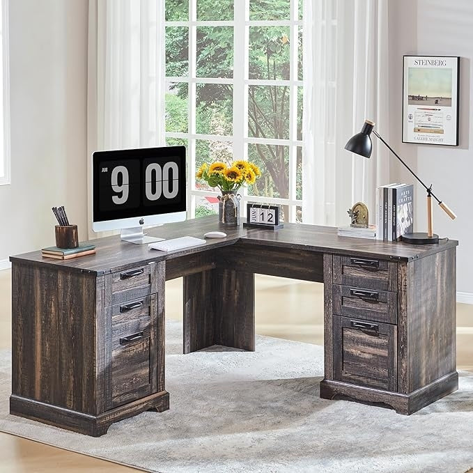 Bureau de direction en forme de L de style farmhouse, 60 pouces, bureau d'angle en bois, bureau d'ordinateur