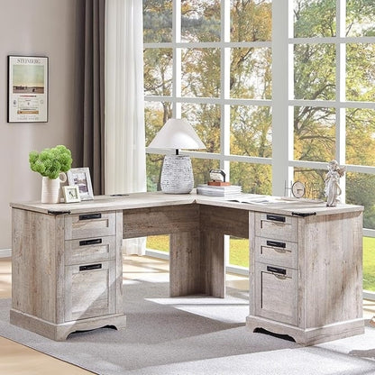 Bureau de direction en forme de L de style farmhouse, 60 pouces, bureau d'angle en bois, bureau d'ordinateur