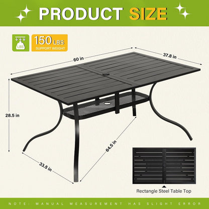 Table rectangulaire de salle à manger en métal à lattes pour extérieur, avec trou pour parasol, 60 x 37 pouces, pour 6 personnes