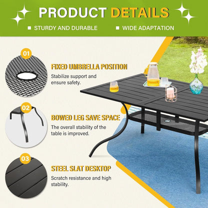 Table rectangulaire de salle à manger en métal à lattes pour extérieur, avec trou pour parasol, 60 x 37 pouces, pour 6 personnes