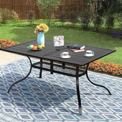 Table rectangulaire de salle à manger en métal à lattes pour extérieur, avec trou pour parasol, 60 x 37 pouces, pour 6 personnes