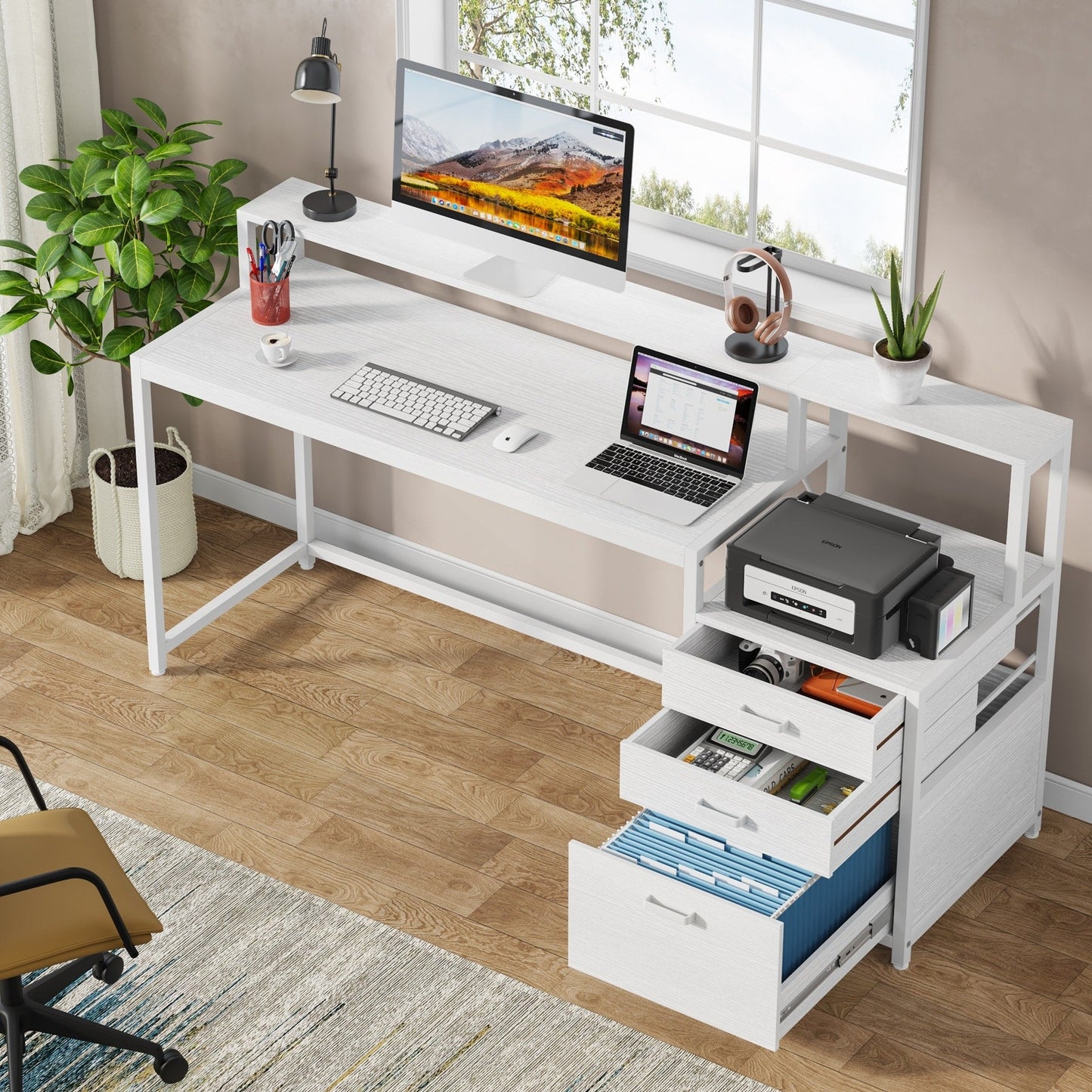 Bureau d'ordinateur de 63 pouces avec support de moniteur, bureau de travail ergonomique pour la maison avec tiroirs et armoire à dossiers.