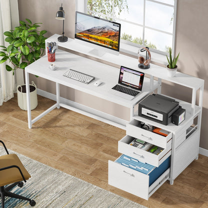 Bureau d'ordinateur de 63 pouces avec support de moniteur, bureau de travail ergonomique pour la maison avec tiroirs et armoire à dossiers.
