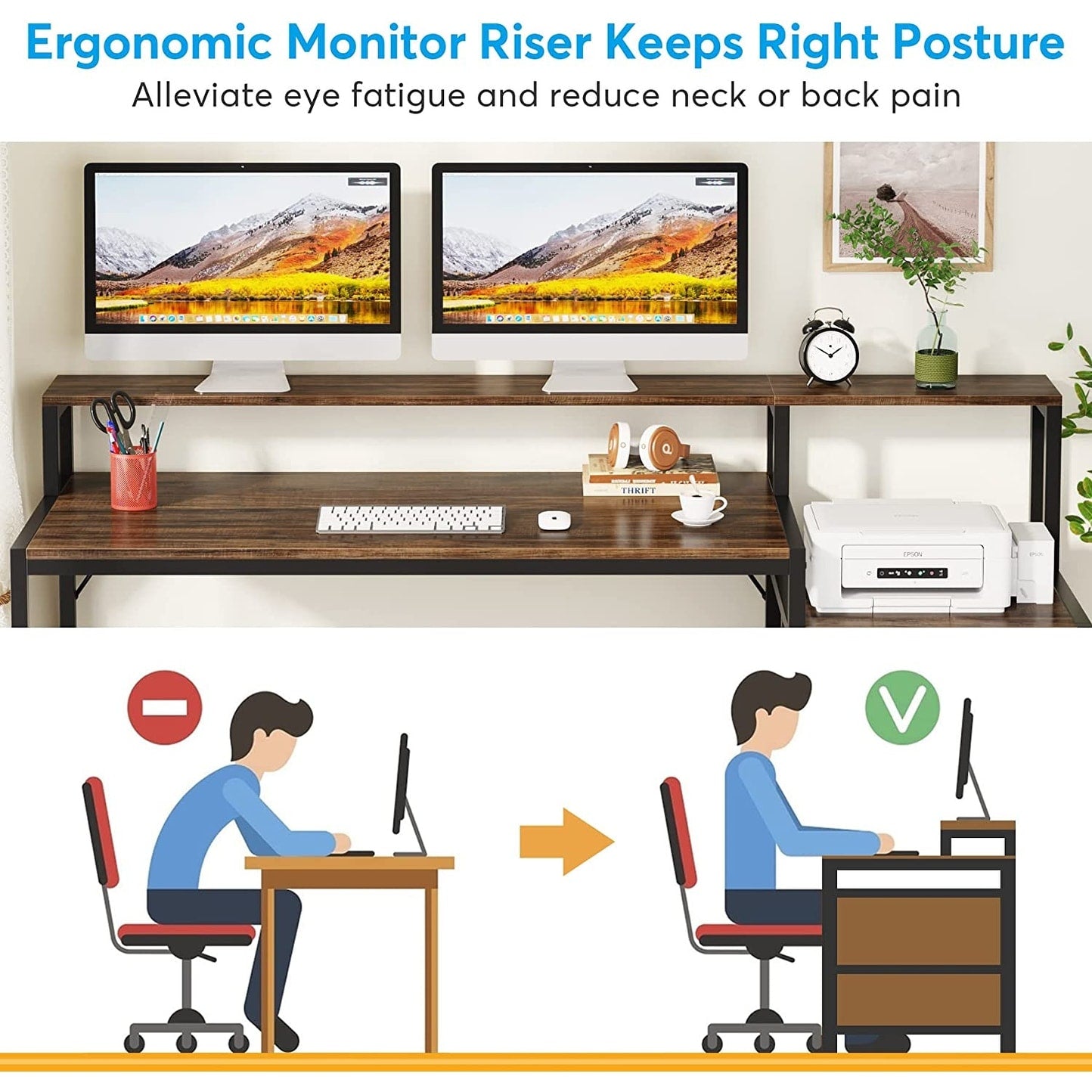 Bureau d'ordinateur de 63 pouces avec support de moniteur, bureau de travail ergonomique pour la maison avec tiroirs et armoire à dossiers.
