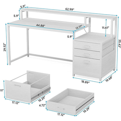 Bureau d'ordinateur de 63 pouces avec support de moniteur, bureau de travail ergonomique pour la maison avec tiroirs et armoire à dossiers.