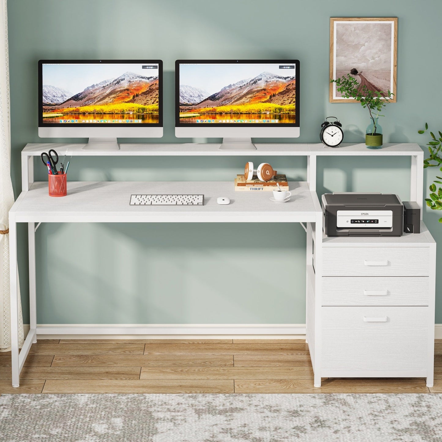 Bureau d'ordinateur de 63 pouces avec support de moniteur, bureau de travail ergonomique pour la maison avec tiroirs et armoire à dossiers.