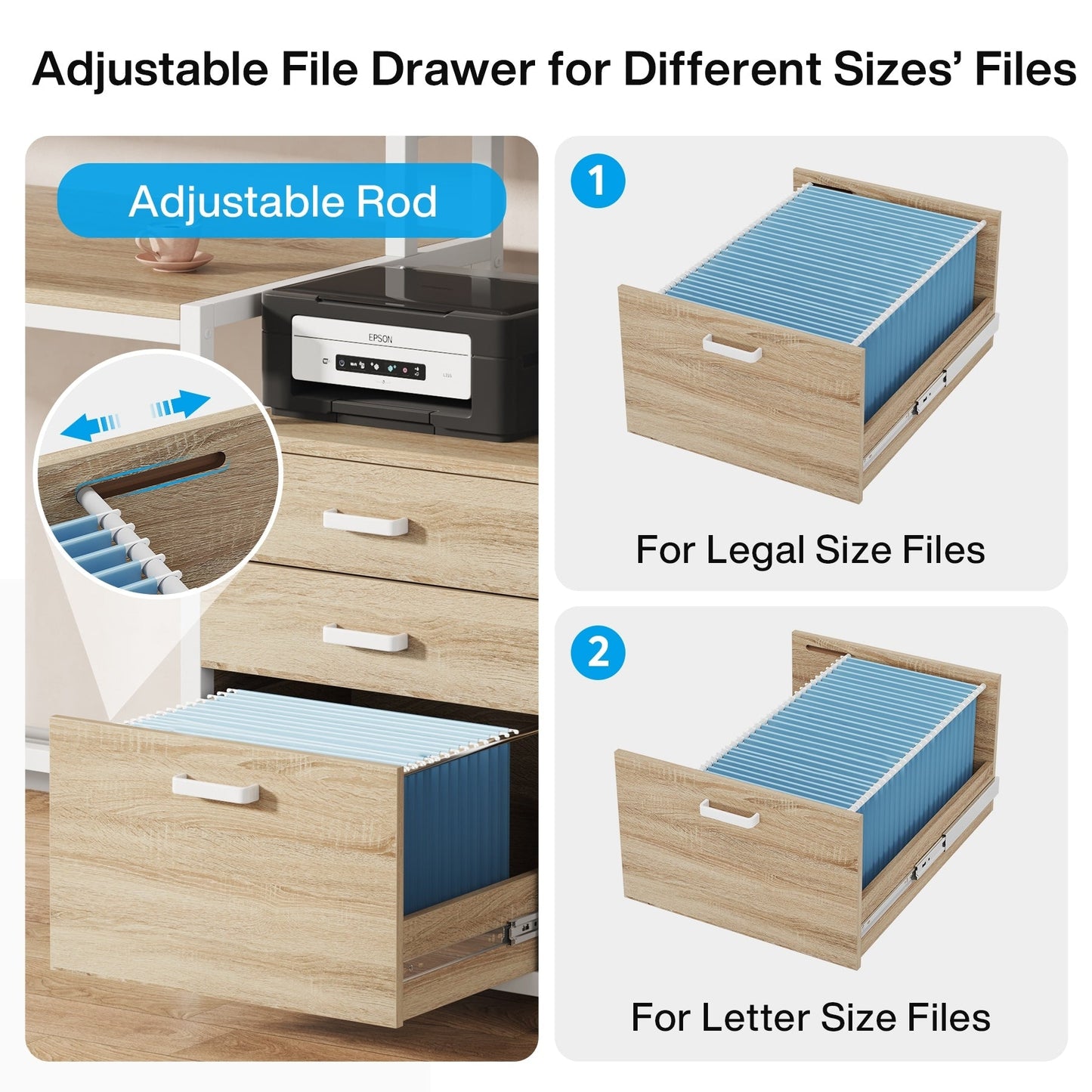 Bureau d'ordinateur de 63 pouces avec support de moniteur, bureau de travail ergonomique pour la maison avec tiroirs et armoire à dossiers.