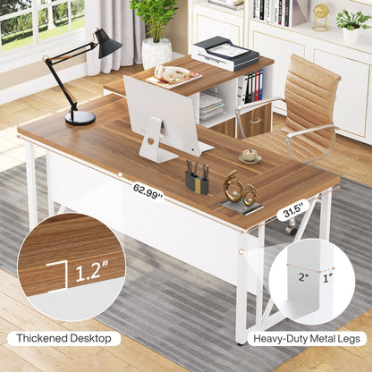 Bureau d'ordinateur en forme de L de 63 pouces avec meuble à dossiers latéral de 47 pouces, ensemble de bureau pour maison et bureau de direction.