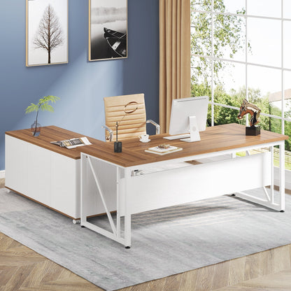 Bureau d'ordinateur en forme de L de 63 pouces avec meuble à dossiers latéral de 47 pouces, ensemble de bureau pour maison et bureau de direction.