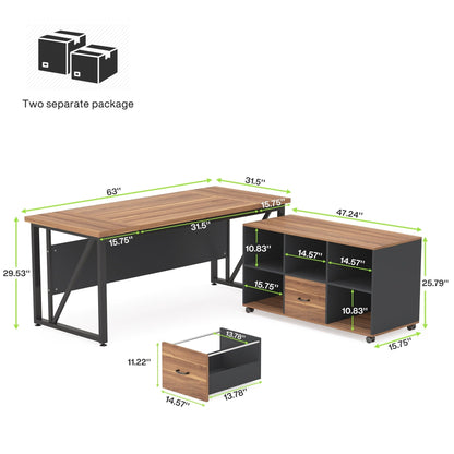 Bureau d'ordinateur en forme de L de 63 pouces avec meuble à dossiers latéral de 47 pouces, ensemble de bureau pour maison et bureau de direction.