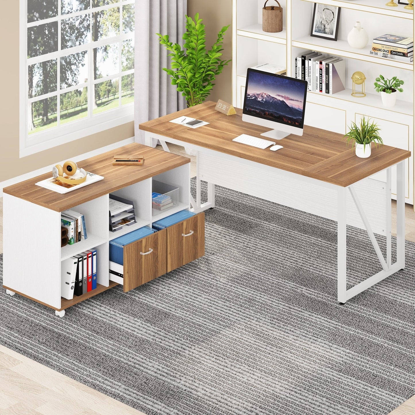 Bureau d'ordinateur en forme de L de 63 pouces avec meuble à dossiers latéral de 47 pouces, ensemble de bureau pour maison et bureau de direction.