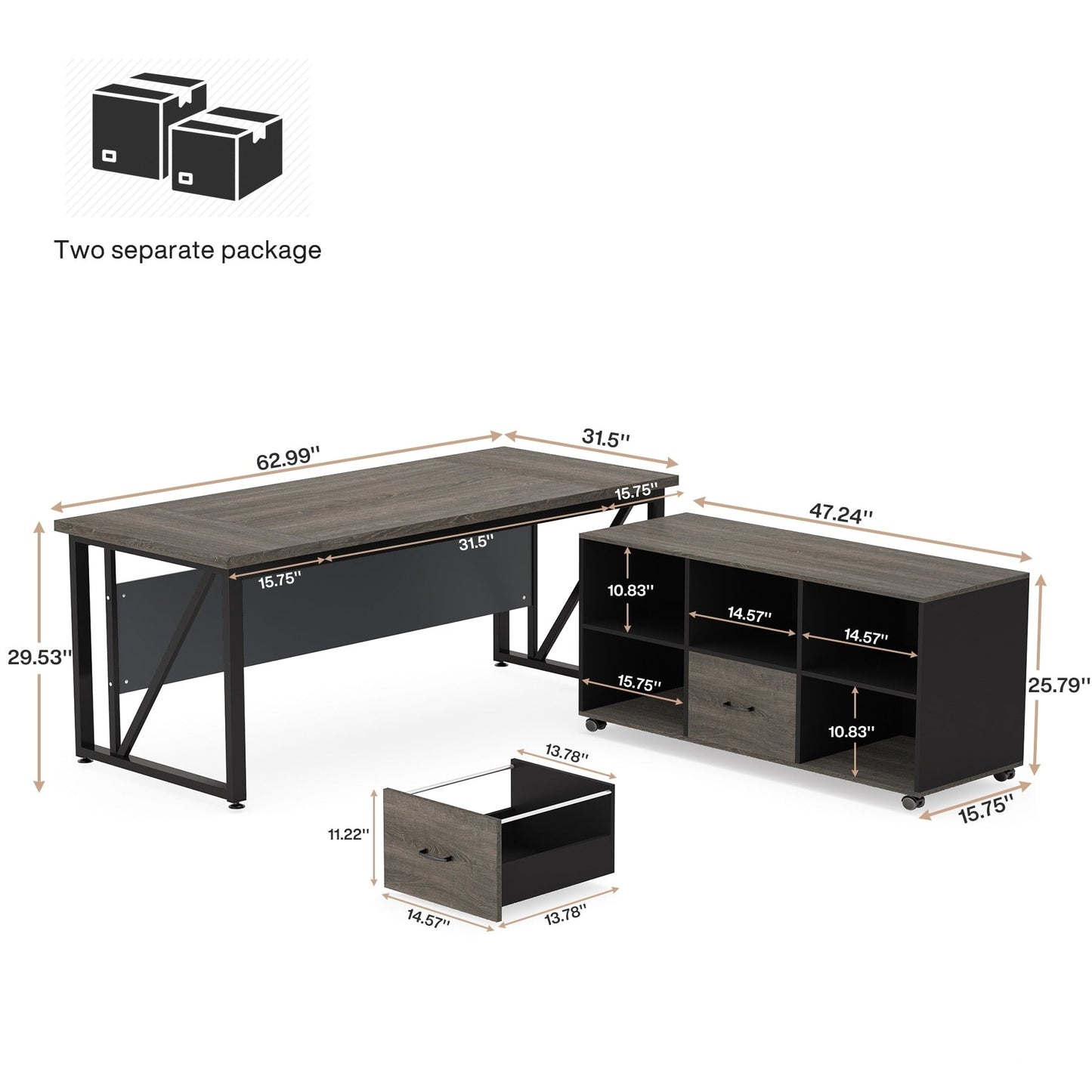 Bureau d'ordinateur en forme de L de 63 pouces avec meuble à dossiers latéral de 47 pouces, ensemble de bureau pour maison et bureau de direction.
