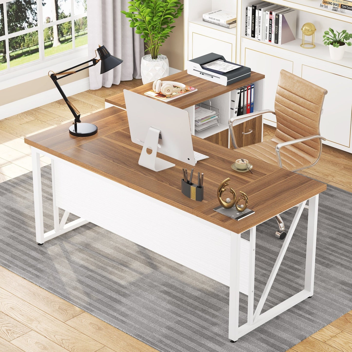 Bureau d'ordinateur en forme de L de 63 pouces avec meuble à dossiers latéral de 47 pouces, ensemble de bureau pour maison et bureau de direction.