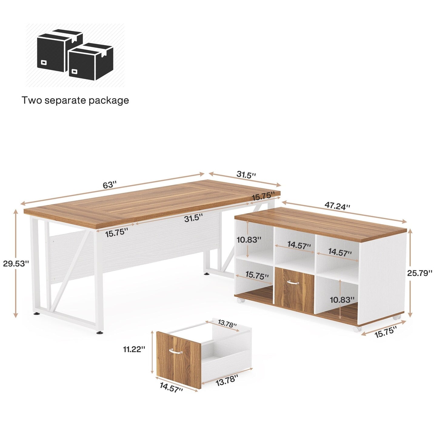 Bureau d'ordinateur en forme de L de 63 pouces avec meuble à dossiers latéral de 47 pouces, ensemble de bureau pour maison et bureau de direction.