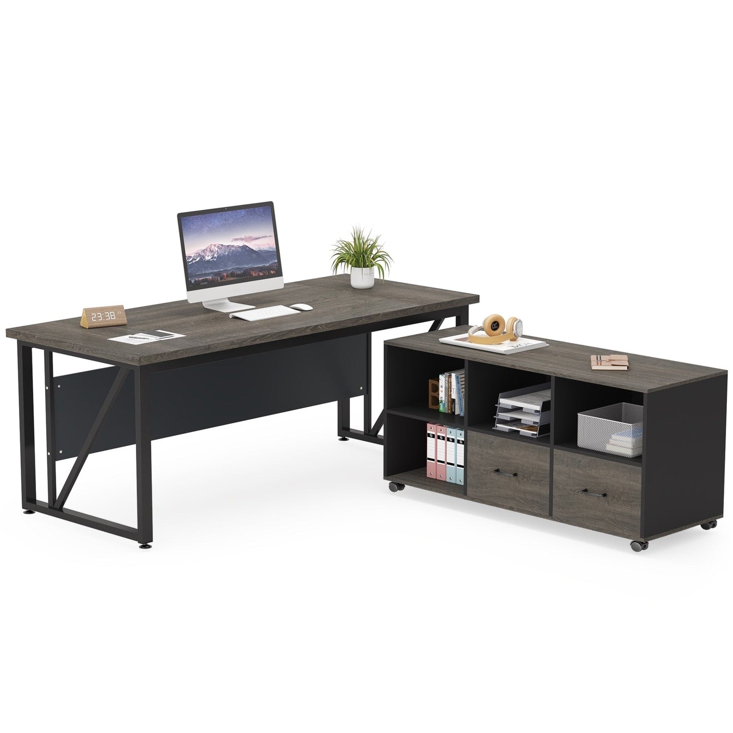 Bureau d'ordinateur en forme de L de 63 pouces avec meuble à dossiers latéral de 47 pouces, ensemble de bureau pour maison et bureau de direction.