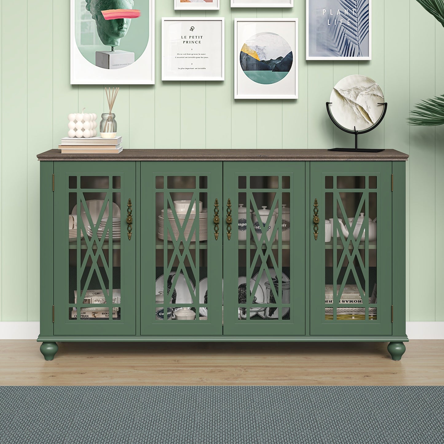 Buffet de cuisine de style vintage en bois, 63 pouces de largeur.