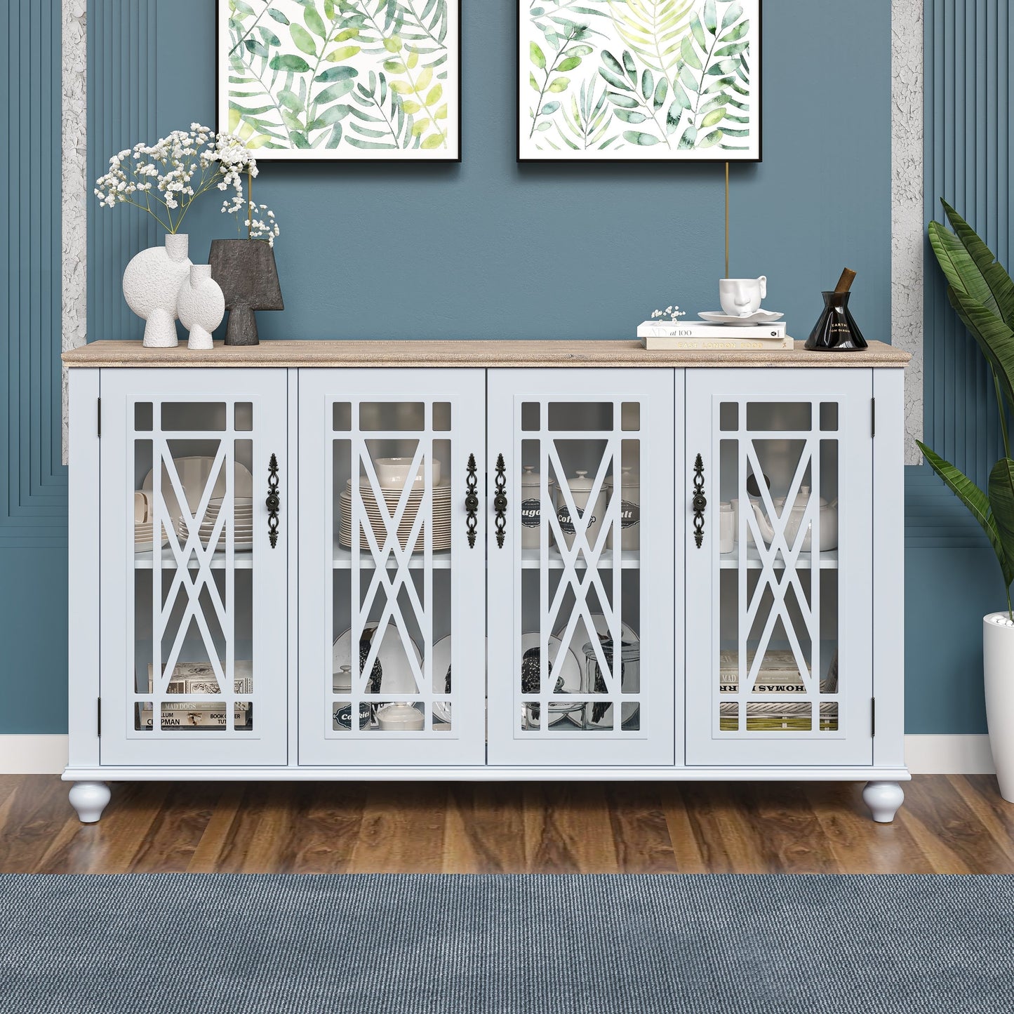Buffet de cuisine de style vintage en bois, 63 pouces de largeur.