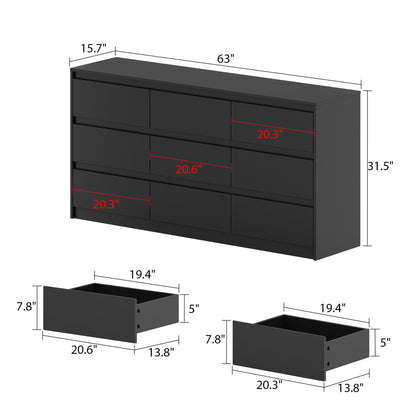 Meuble de rangement à 9 tiroirs, 63W, pour salon ou chambre à coucher.