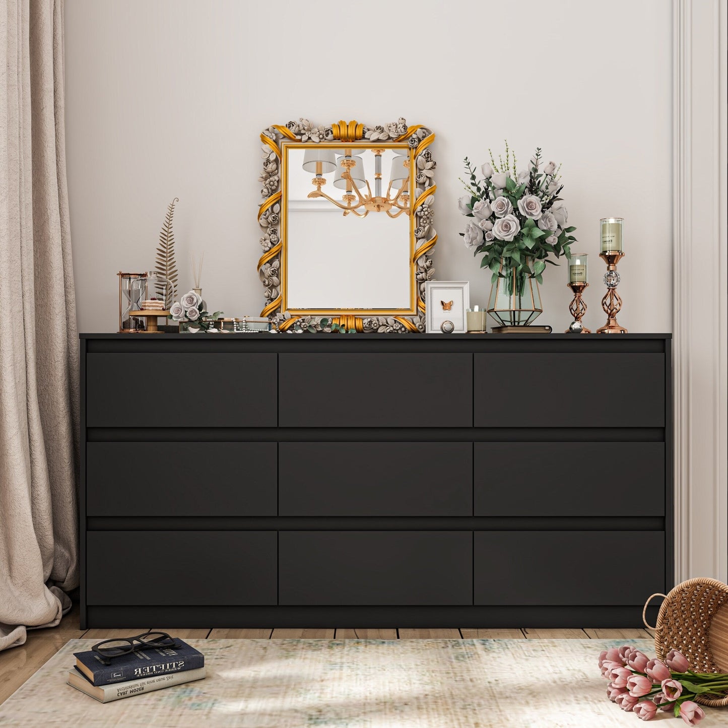 Meuble de rangement à 9 tiroirs, 63W, pour salon ou chambre à coucher.