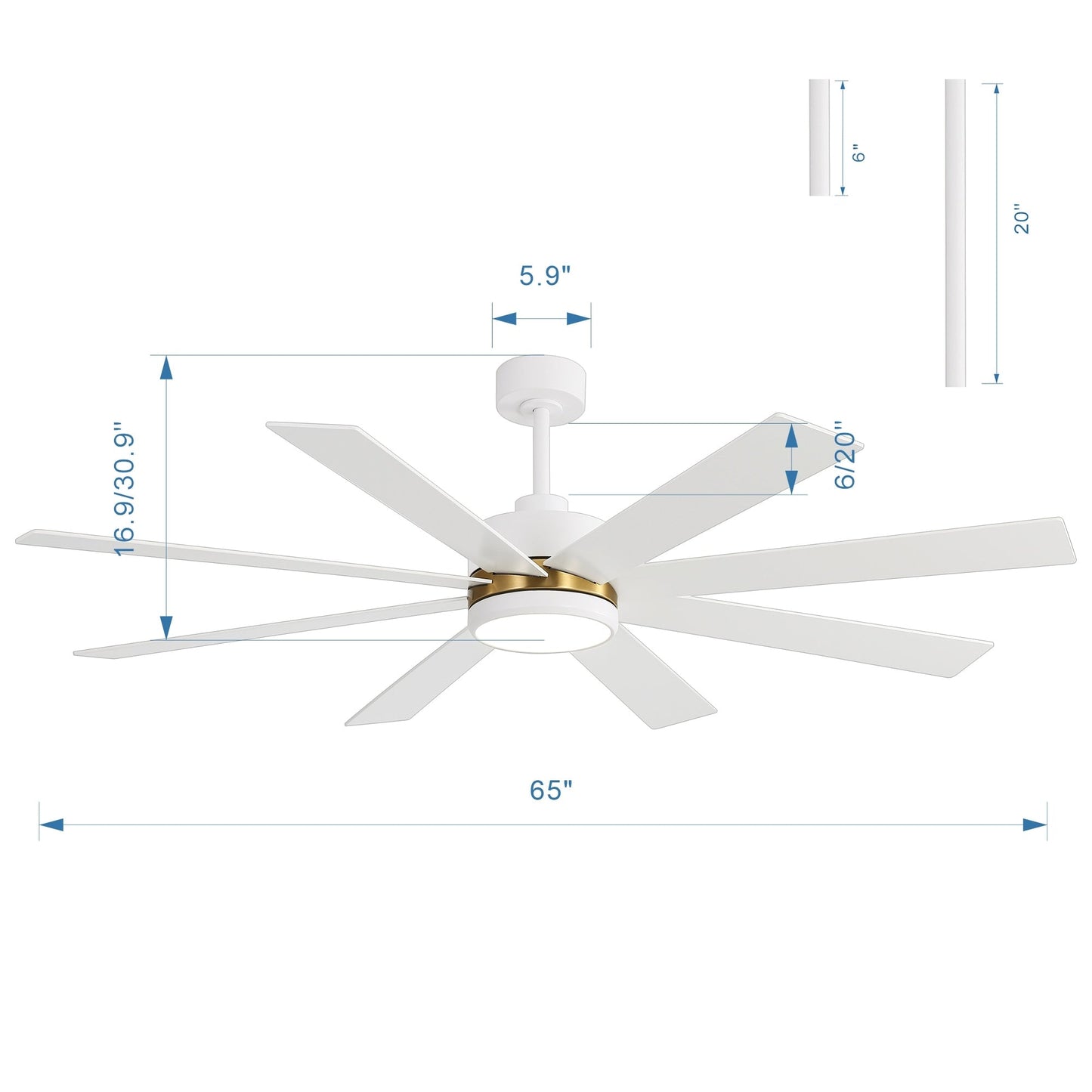 Ventilateur de plafond à LED noir à 8 pales de 65 pouces avec lumière et télécommande