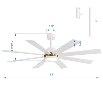 Ventilateur de plafond à LED noir à 8 pales de 65 pouces avec lumière et télécommande