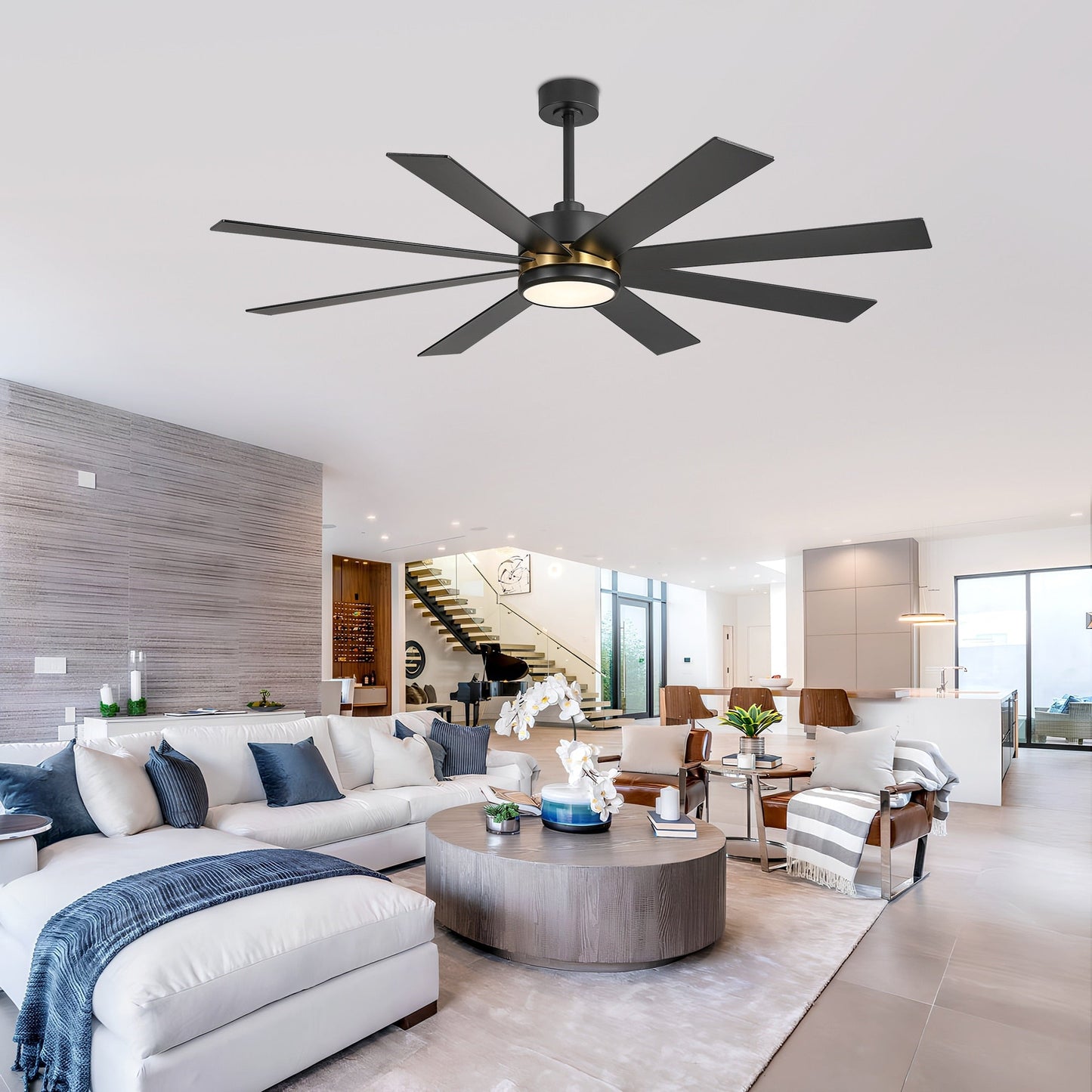 Ventilateur de plafond à LED noir à 8 pales de 65 pouces avec lumière et télécommande
