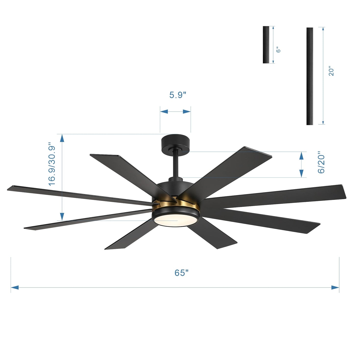 Ventilateur de plafond à LED noir à 8 pales de 65 pouces avec lumière et télécommande